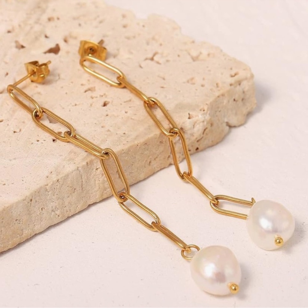 NEW 18K Gold Filled Baroque Long Gold Pearl Dangle Earrings